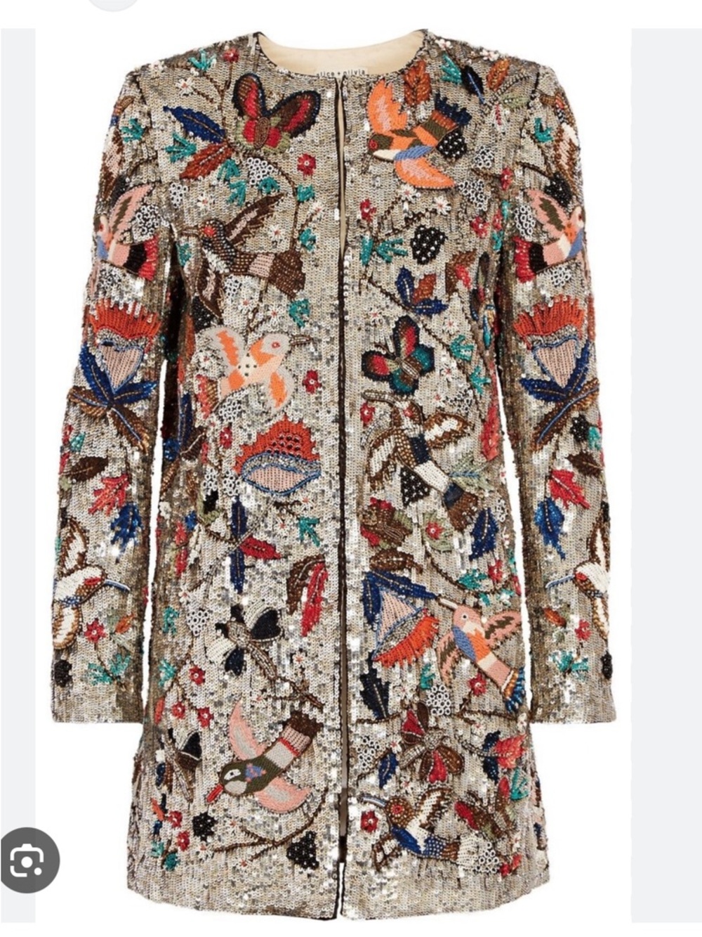 Sequin and Embellished Long Coat with Multicolor Bird Motif